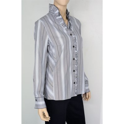 ERFO- modische Bluse in Grau/Weiß mit Rüschen am Ausschnitt, Stretch
